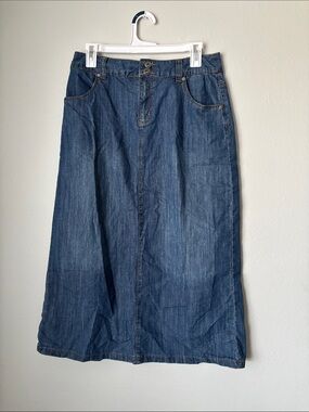 Christopher & Banks Blue Denim Midi Skirt with Button Waist